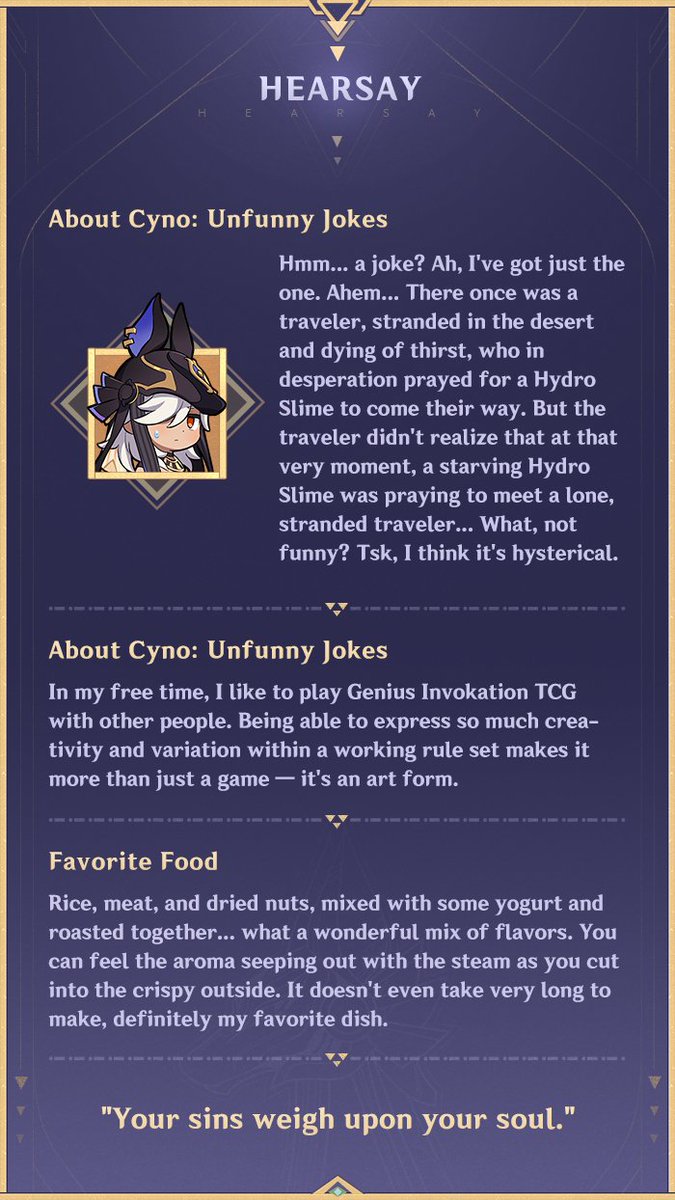 GenshinImpact's tweet image. "You stand condemned."

Hello Travelers~ Today, we will be introducing a new character, #Cyno!
The General Mahamatra in charge of supervising the researchers of the Akademiya.

See Full Details &amp;gt;&amp;gt;&amp;gt;
hoyo.link/b6FDBBAd

#GenshinImpact