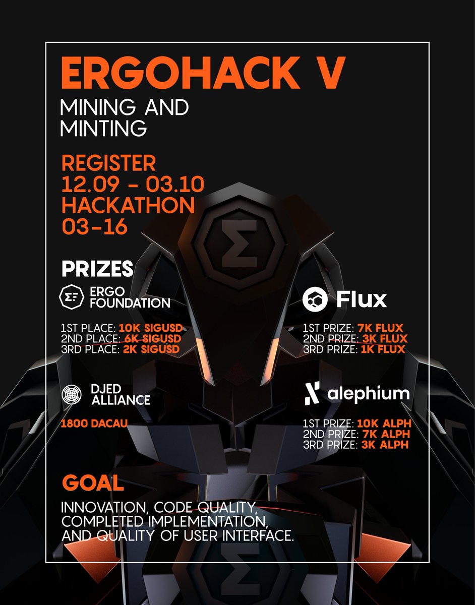 ergo_platform's tweet photo. ✨ ErgoHack V - Mining and Minting 

#Ergo Hackathons have become a principal and defining feature of the community over the last year, we're excited to see your ideas come to life!

Visit https://t.co/XLqVm8ycae for all the details

Register now!
🔗 https://t.co/m7Xe0Flziy https://t.co/rjUpoLcnoS