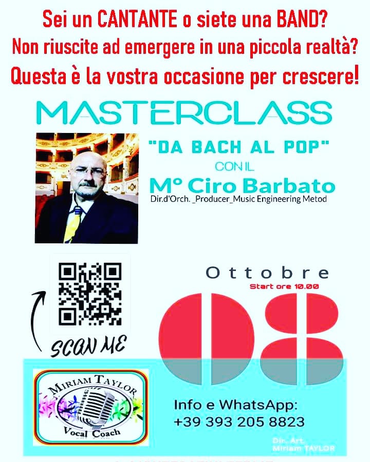 UNA MASTERCLASS CON PROFESSIONISTI DEL SETTORE MA AD UN PREZZO ACCESSIBILE A TUTTI. CONOSCI E FATTI ASCOLTARE DAL MAESTRO (DIRETTORE D'ORCHESTRA MEDIASET E RAI) CIRO BARBATO,CHE TERRà LA LEZIONE PER PORTARTI AD UN'ALTRO LIVELLO E TI ASCOLTERà,DANDOTI IL SUO FEED BACK PER CRESCERE
