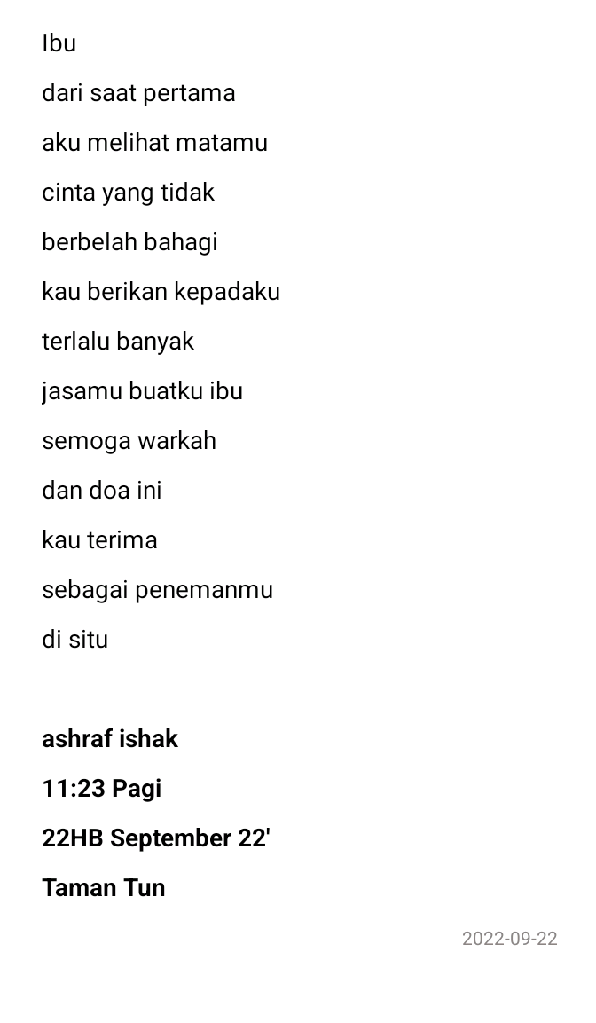 ashrafishak's tweet photo. Ibu
.
https://t.co/Xiw8QWjl8N
.
#puisi #wikipuisi #puisicinta #puisirindu #puisisenja #puisimalam #sajak #sajakliar #sajakcinta #sastra #sastera #kata #senikata #bahasa #penulis #lontarankata #gurindamjiwa #artbyai #art #poet #poetry #poem #poetsociety #writer https://t.co/U4MwTLef7T