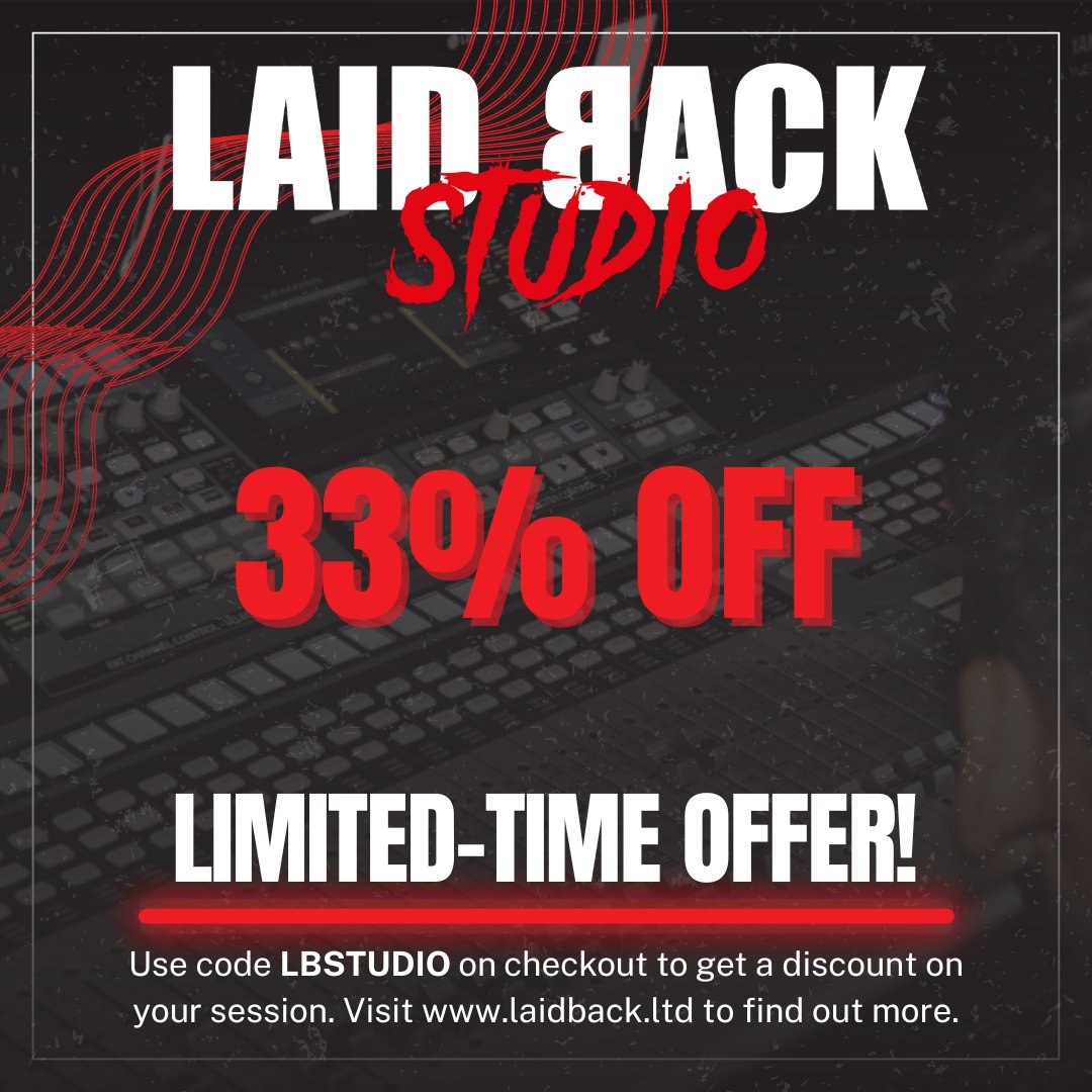LaidBackLtd's tweet photo. Get 33% off your session from now until the 31st of October! Head over to our booking site at https://t.co/X5kIGXl8CP to book in a session!

Find out more on our website at https://t.co/plMuwz2PKT💻

#recordingstudio #musicproduction #recording https://t.co/eRBXAXCF2h