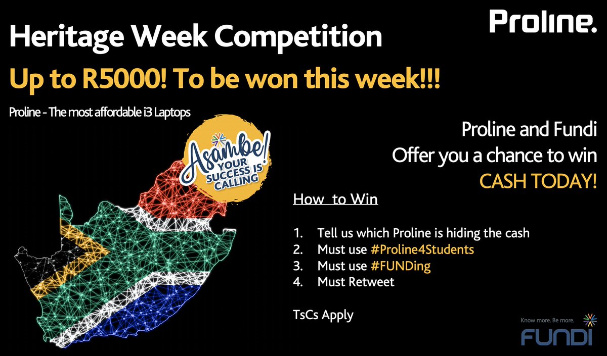 Official_FUNDI's tweet photo. Secure the bag 📢📢📢 Heritage Week 🇿🇦
💰💰CASH today guys!!! Proline&amp;Fundi DAY 2, le go

💰 You know where the danger is😂 Which Proline is hiding the cash?
⏩ https://t.co/jQ1r8QLVnc
📷 Find the Proline, Screengrab it, tell us
#⃣  USE #Proline4Students #FUNDing
TsCs.Goodluck🤞 https://t.co/fTGaYIZ2Hs