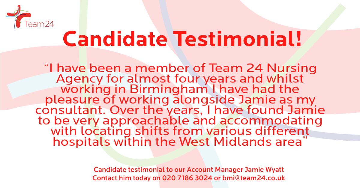 Account manager Jamie received some lovely words from this candidate - it's always a pleasure to receive feedback!

If you're looking for nursing positions in the NHS or private hospitals, why not speak to us about opportunities with our clients across the UK.  ...