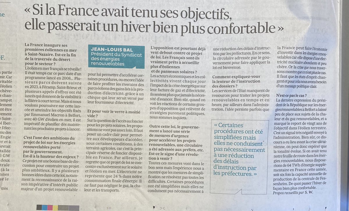 Itw de <a href="/JeanLouisBal/">Jean-Louis Bal</a> dans Les Échos de ce jour. La non atteinte des objectifs 2020 en matière d’EnR représente un manque de 64 TWh d’énergie selon le @ser_enr