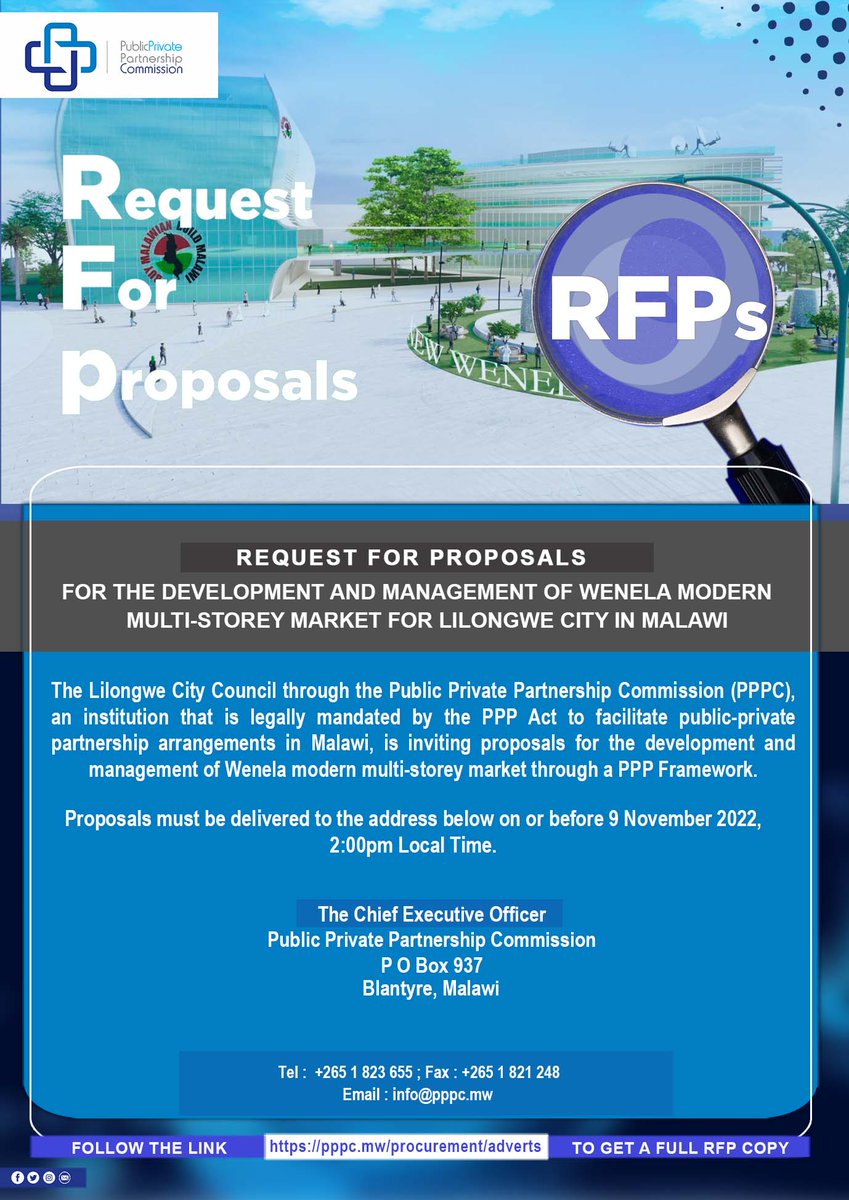pppcmalawi's tweet photo. Request for proposals for the Development and Management of Wenela Modern Multi-Storey Market for Lilongwe City in Malawi https://t.co/CR1EDQlwTS
