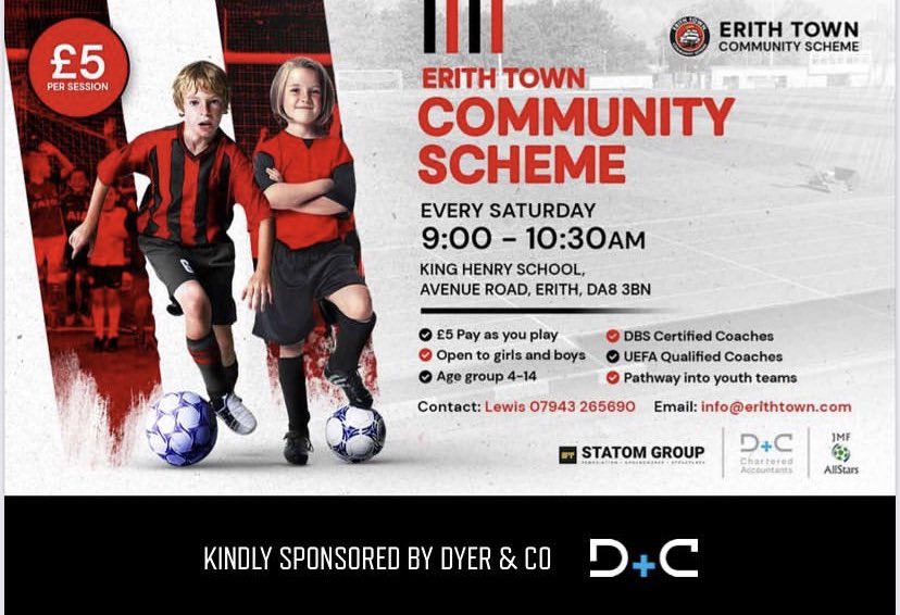 TownScheme's tweet photo. ⚫️🔴Erith Town Community Scheme🔴⚫️

Our Saturday morning sessions are back each week⚽️

Erith Town Community Scheme runs for 4-12 (reception - year 8)

👨Boys &amp; Girls👩

📍King Henry Secondary School, Erith

⏰9:00am-10:30am

💵£5 per session (first session FREE) https://t.co/obnNhkr0qF
