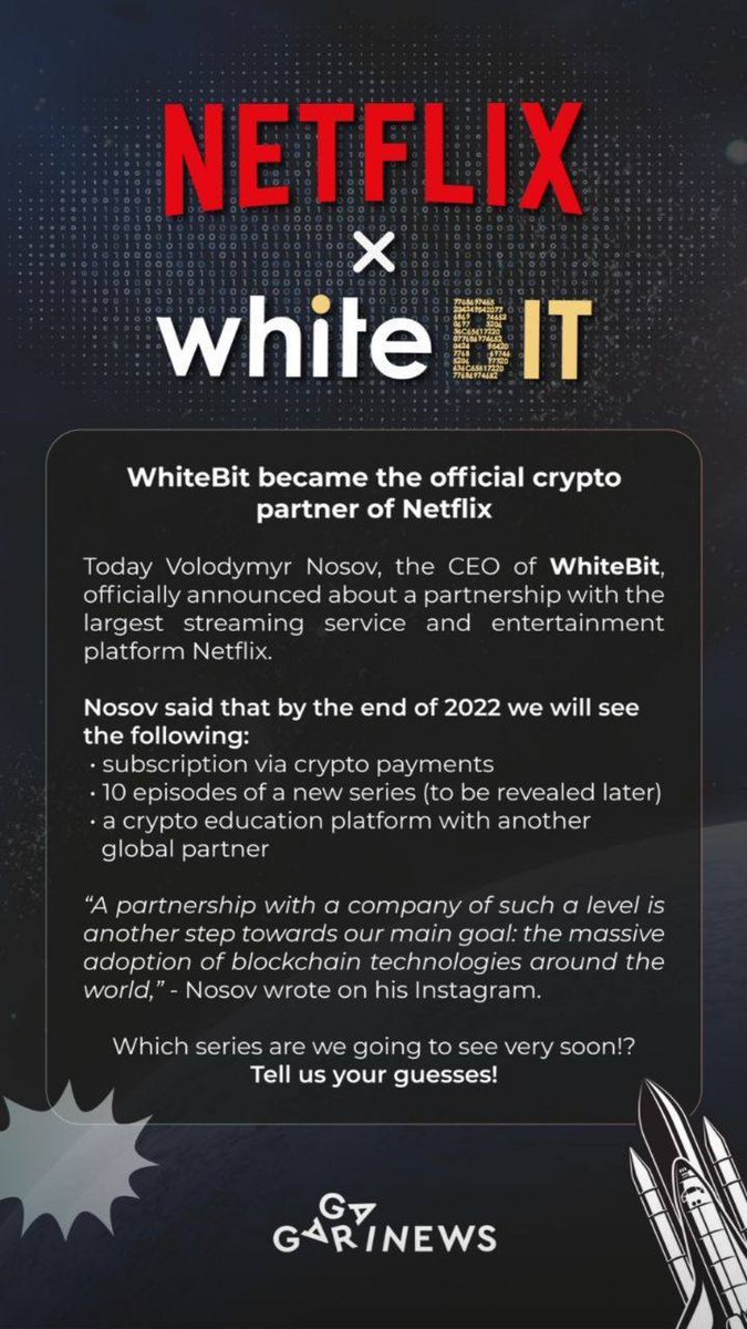Congratulations to Our Official Partner <a href="/WhiteBit/">WhiteBIT</a> on Their Official Crypto Partnership with <a href="/netflix/">Netflix</a> 🎬

A great step in the right direction for an amazing project! 🎉

#Metaverse #Web3 #Netflix #CryptoNews
