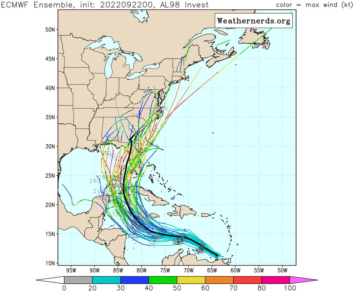 L'onde tropicale 98L présente au sud-est de la mer des Caraïbes représente une menace notamment pour Cuba, le Yucatan puis le Golfe du Mexique la semaine prochaine. 