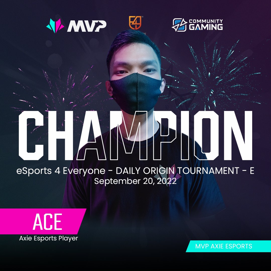 mvpesportsph's tweet photo. MVP Ace, ACE-ing another tournament. 😅

Congratulations for winning the eSports 4 Everyone - DAILY ORIGIN TOURNAMENT - E.

#MVPGuild #MVPAxieEsports https://t.co/zse5wYZrrI