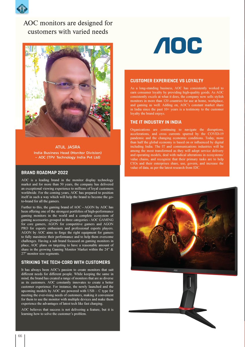 MyBrandbook's tweet photo. AOC #monitors are designed for customers with varied needs
@ATUL JASRA, India Business Head (Monitor Division) - #AOC (TPV Technology India Pvt Ltd)
https://t.co/VEDPsZLpY0
#TPVTechnology #gamingbrand #AOCGAMING #MonitorMarket #communicationsindustry #brandbook https://t.co/xljt2rtzP2