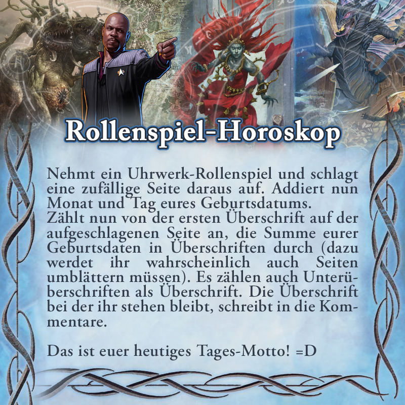 Splittermond's tweet photo. Macht mit beim #Rollenspiel-#Horoskop =)
(Im zweiten Bild seht ihr das Tagesergebnis von Vince.) https://t.co/UpK8HE2TLd