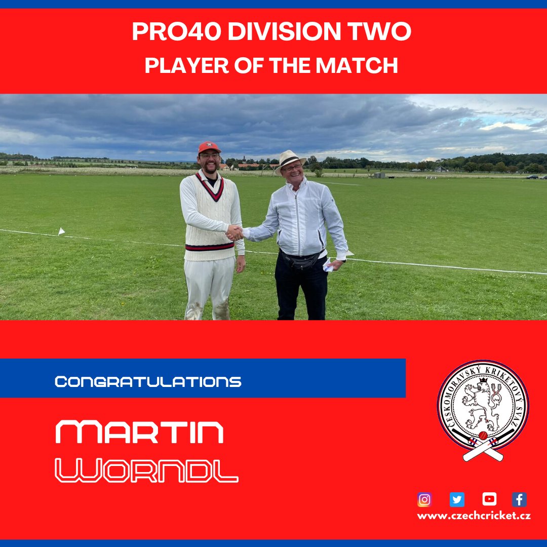 CzechCricket's tweet photo. Pro40 Div Two Result & POTM
Prague Barbarians Vandals CC (226 / 8 in 40) defeated Prague CC Rooks (120 / All out in 29.2) by 106 runs.
POTM - Martin Worndl 70 runs, 88 balls, 4x4s @ 79.55 SR
Official Scorecard : https://t.co/rEIcAaIogy
#Pro40 #DIV2 #czechcricket https://t.co/YAEnVec0Bv