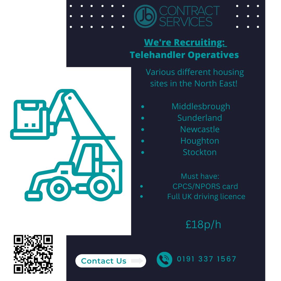 We're looking for Telehandler Operatives on various different site in the North East.

Call us and register today!

0191 337 1567