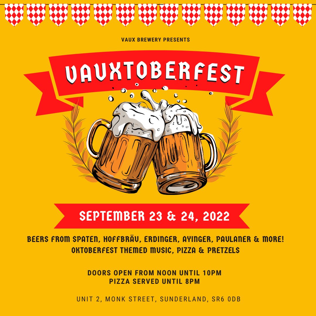 This starts tomorrow peeps! No booking required, just turn up, eat pizza, drink German beer and slap those ankles like your in München rather than Monk Street The beer line up is 👌🍻🇩🇪 #oktoberfest #vauxtoberfest #sunlun #sunderland