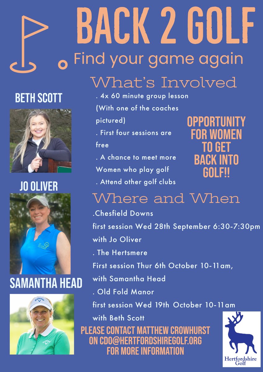 sportinherts's tweet image. . @herts_golf are delivering Back 2 Golf sessions aimed at encouraging women back into golf🏌️‍♀️

See full details below ⬇️⬇️

⛳️ Chesfield Downs
⛳️ The Hertsmere
⛳️ Old Fold Manor

Please contact Matthew Crowhurst cdo@hertfordshiregolf.org to register your interest