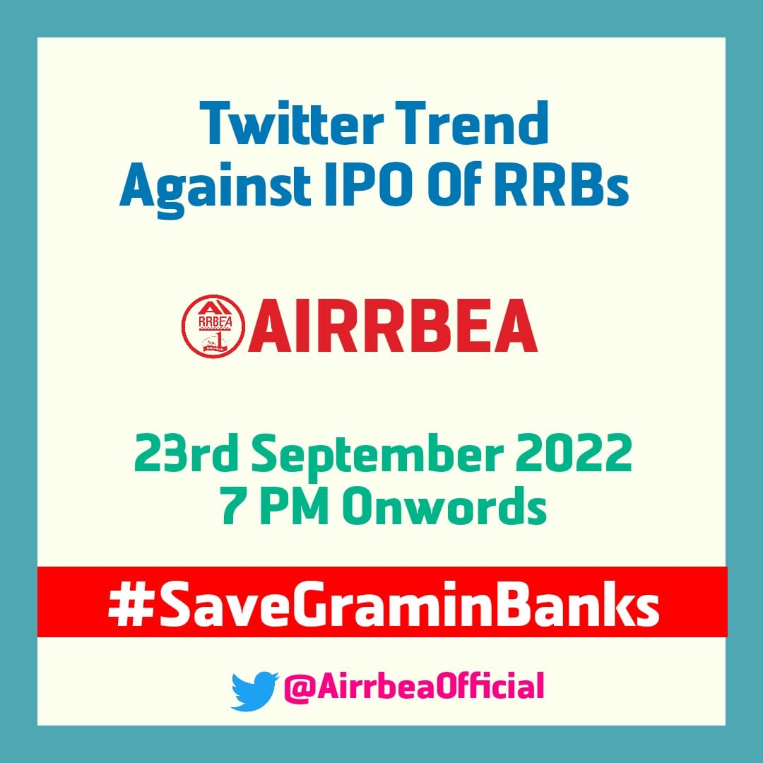 AirrbeaOfficial's tweet photo. We are launching Twitter campaign from 7 PM tomorrow on Strike day.
We appeal to all our leaders to ensure reaching maximum members for following it and retweeting for effectively voicing our demand and we appeal all our bankers to support our trend....
#SaveGraminBanks https://t.co/s4Z6HokF2A