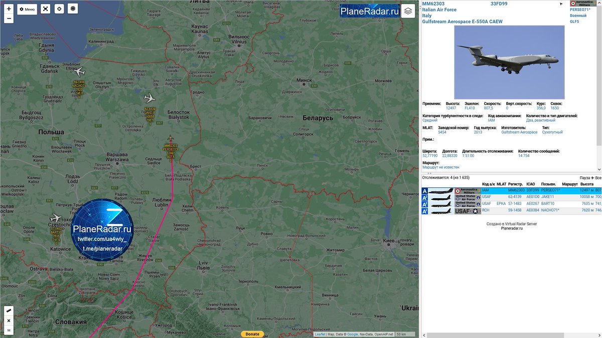 ua4wiy_'s tweet photo. 11:50 мск.
Самолёт радиоэлектронной разведки ВВС Италии🇮🇹 #Gulfstream Aerospace E-550A CAEW с бортовым номером #MM62303, позывной #PERSEO71, производит разведывательный полёт в воздушном пространстве Польши 🇵🇱. https://t.co/LHijESh8aK