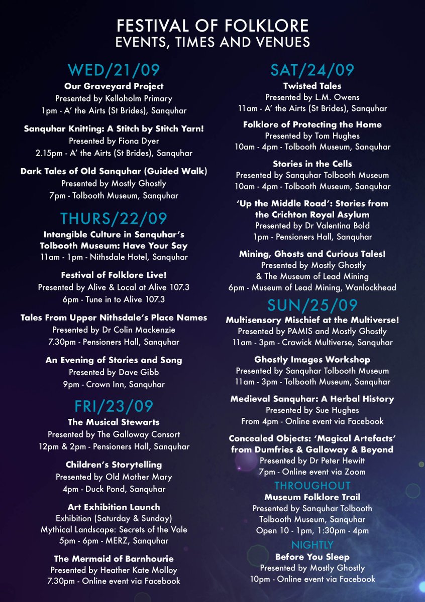 MostlyGhostly_'s tweet photo. Lots going on @festoffolklore - thanks so much to all the amazing contributors, performers and supporters!  Please message the team for your copy of the Festival Programme. #LoveDandG #scotlandstartshere #YS2022 #TalesofScotland. https://t.co/Gp0KAMDGjE