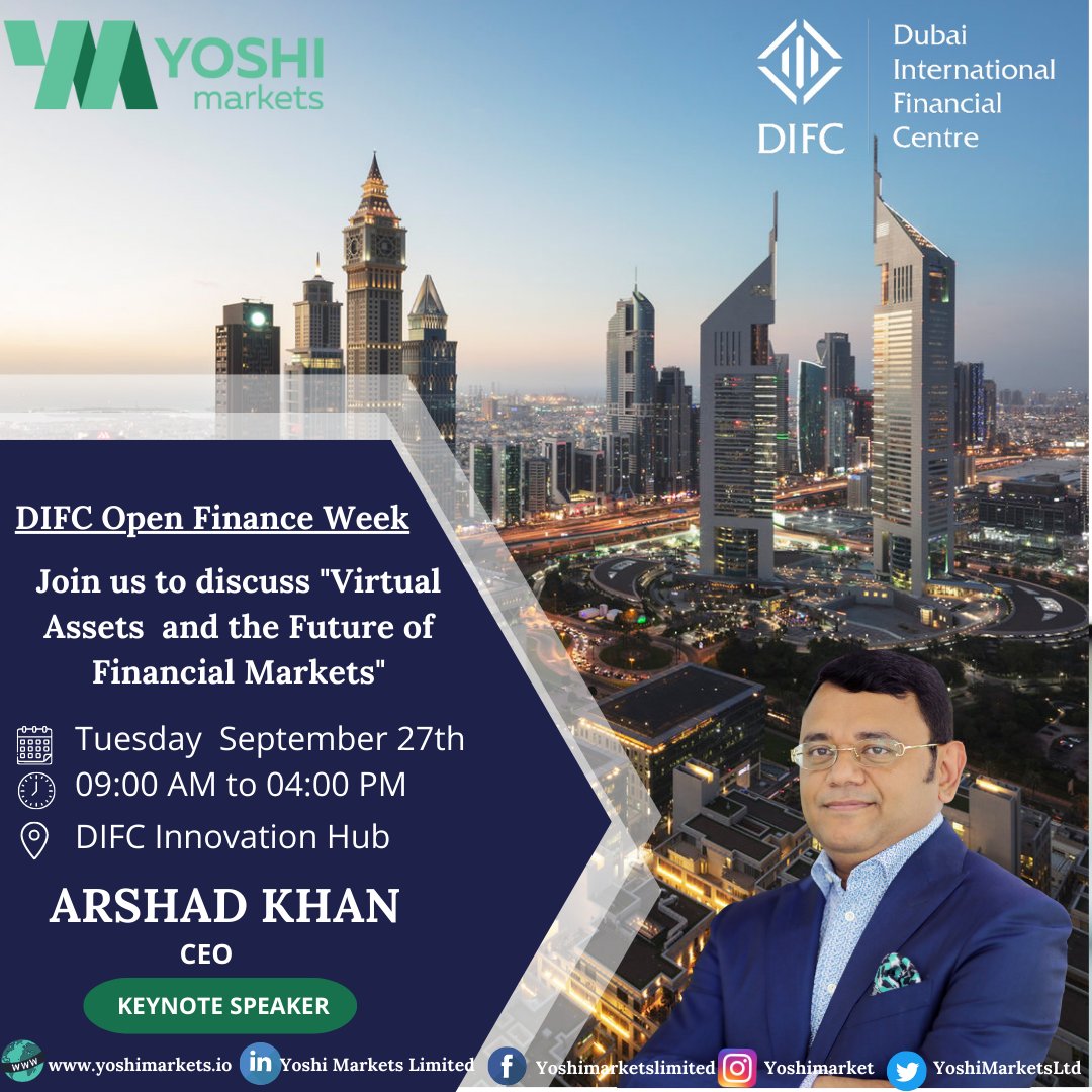 Meet our CEO, <a href="/arshadmkhan74/">Arshad Khan</a> , at the <a href="/DIFC/">DIFC</a>  Open Finance Week, where he will deliver a keynote on “Virtual Assets and the Future of Financial Markets” on September 27th from 10:30-11:30 am at the FinTech Hive Space, DIFC <a href="/InnovHubDIFC/">DIFC Innovation Hub</a> .

Register Now : eventbrite.com/e/difc-open-fi…
