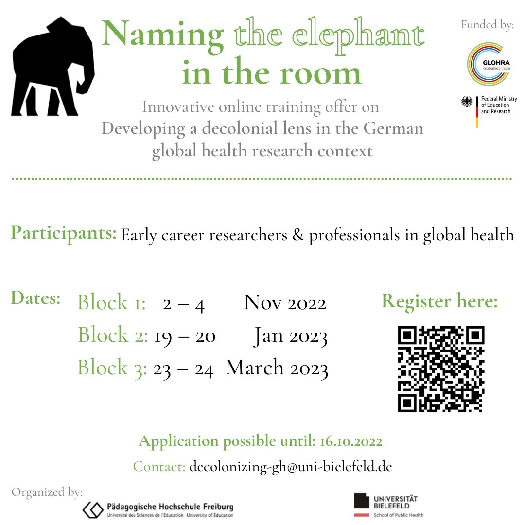 globalhealth_de's tweet photo. 📢Check out the latest training offer from the Global Health Academy: Developing a decolonial lens in the German #globalhealth #research context. 
⏳Apply by 16 Oct
ℹ️ Info &amp; registration: https://t.co/MUJHNPAW7y https://t.co/fflFaZzmSQ