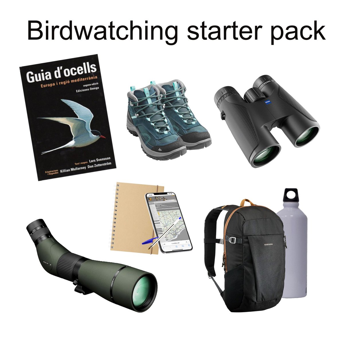 observatori_nat's tweet photo. #Biofollower starter pack: #birdwatcher edition! 🦆🦅🦉
Això és l'equip essencial per qui vulgui sortir a observar ocells 😉 I vosaltres, quin objecte insospitat porteu a la motxilla que sigui indispensable per un biofollower? 👇 https://t.co/KI2QcsBtzL