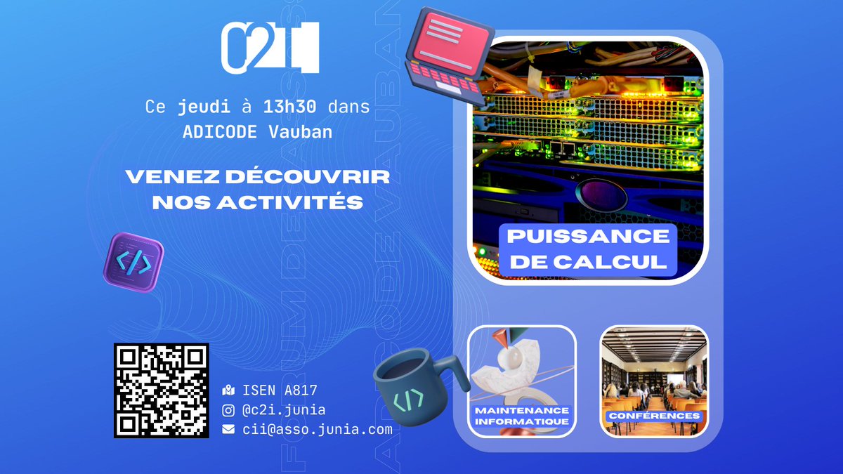 C2I_junia's tweet photo. Retrouvez-nous cet après-midi après 13h30 dans les espaces #ADICODE Vauban (CoWorking @isenlille ) pour découvrir notre nouvelle équipe et voir ce qu'on vous propose pour cette nouvelle année, lors du forum des assos @Junia_ingenieur.
https://t.co/bVH1RNTxlL https://t.co/8BvoD3o3xM
