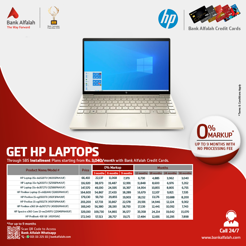 BankAlfalahPAK's tweet photo. Get a sleek and long-lasting HP Laptop with SBS Installment Plans starting from just Rs 3,040/month.
T&C Apply.
For details, please visit https://t.co/5ogh2w1SqW or Call us at our helpline at 021-111-225-111.
#BankAlfalah #SBSInstallments #BAFCards #HP #TheWayForward. https://t.co/odKI4lYda4