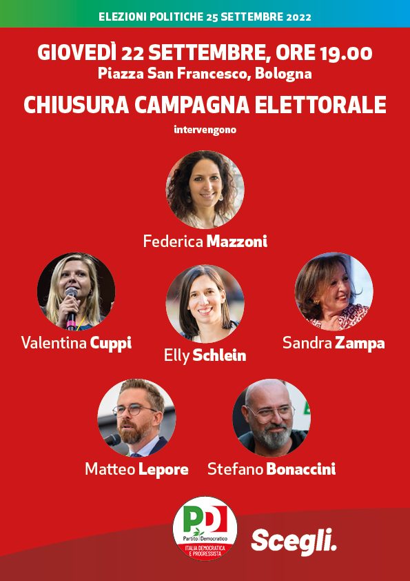 🔴📅 Stasera alle 19 appuntamento in Piazza San Francesco a Bologna per la chiusura della campagna elettorale con il PdBologna. 

Insieme a me Federica Mazzoni, <a href="/sbonaccini/">Stefano Bonaccini</a>, <a href="/matteolepore/">Matteo Lepore</a>, <a href="/ellyesse/">Elly Schlein</a> e <a href="/szampa56/">Sandra Zampa</a>.

A dopo!

#25settembrevotoPD #vinconoleidee #Scegli