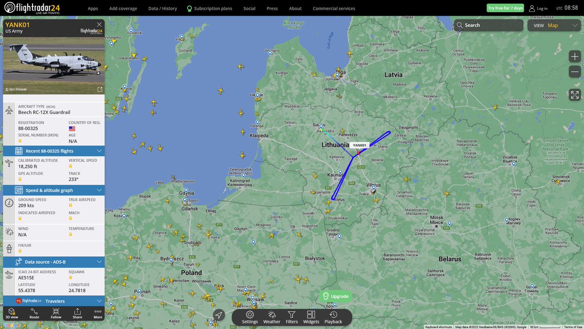 AIYeyENGDdJkjTr's tweet photo. Sept. 22, 2022
#Siauliai #Kaliningrad #Lithuania-Belarus border
#YANK01 #AE515E US Army RC-12X Guardrail https://t.co/iDk2mVgkJj