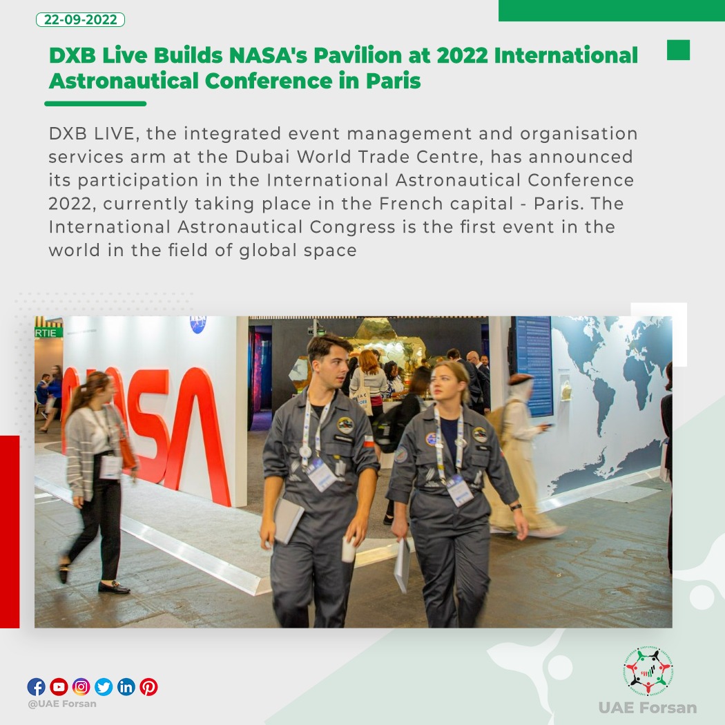 UAE_Forsan's tweet photo. DXB Live Builds NASA's Pavilion at 2022 International Astronautical Conference in Paris
#DXBLive #IAC2022 #Dubai #UAE
@IACParis2022 https://t.co/rPuH2SK3Jp