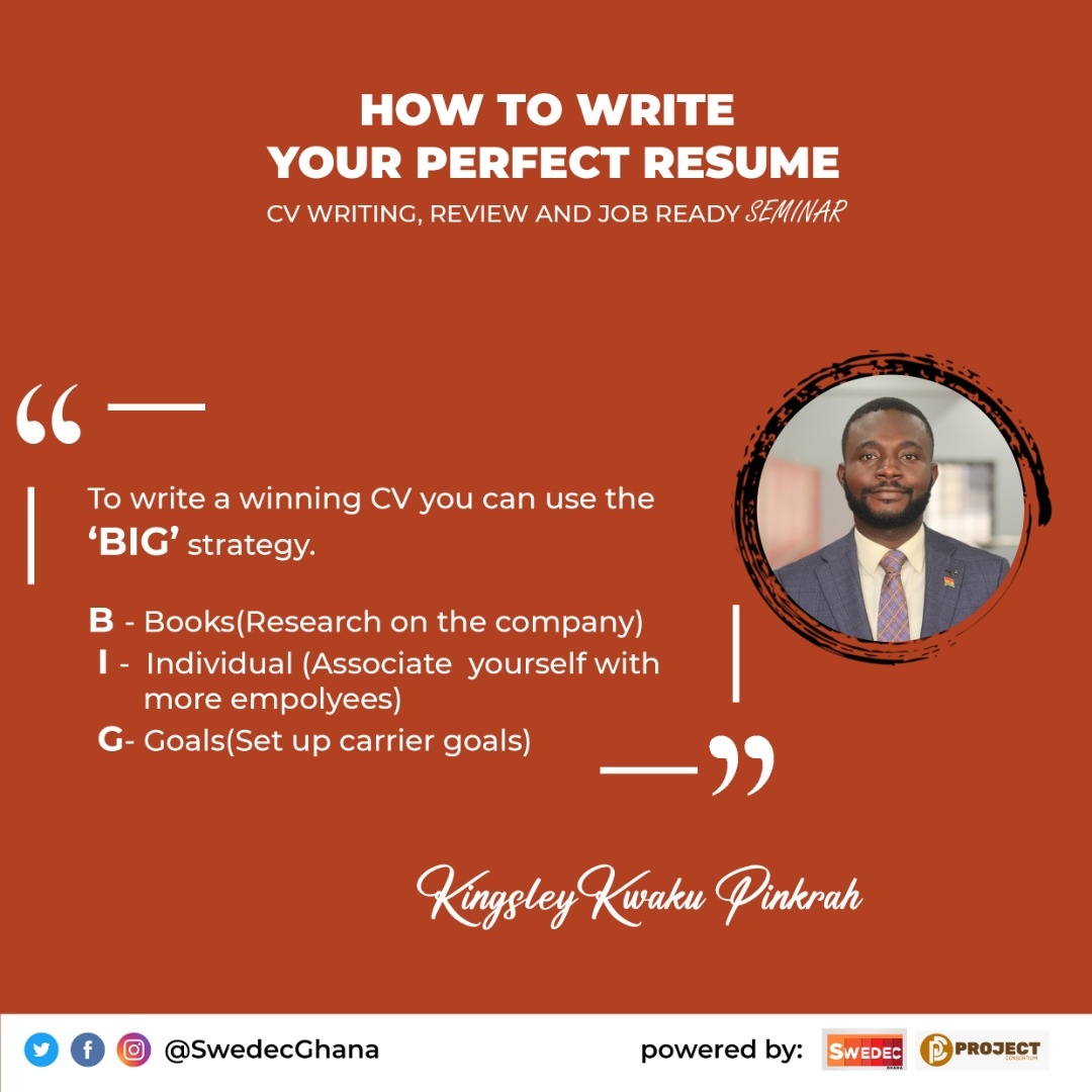 SwedecGhana's tweet photo. #HowToWriteYourPerfectResume #Resume #CV⁠
@kkpinkrah

Let's Win Together https://t.co/QKgYpvbQ8n