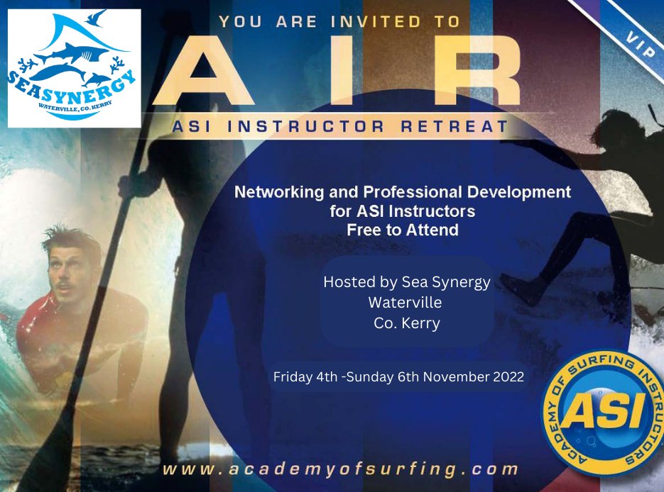 ASI Paddle Board Instructors Retreat  🏄‍♀️🏄 4th to 6th November in #Waterville. Free for all qualified #ASIinstructor: improve skills, get advice and have fun. 🌊
To attend Email: training@academyofsurfing.com

#whatsoninwaterville #proudetobeASI #visitwaterville #WildAtlanticWay