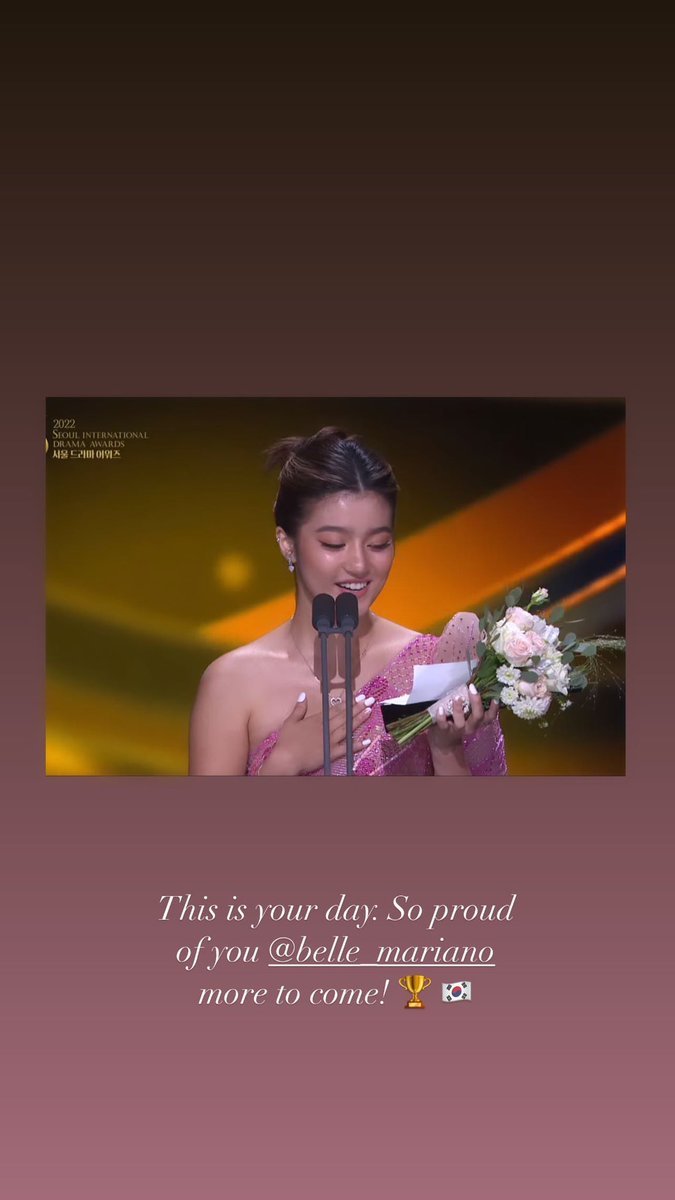 DONATORSPH's tweet photo. “This is your day. So proud of you @bellemariano02 more to come! 🏆🇰🇷”

Congratulations again, Belle! 🫶🏻

📸 Donny’s IG Story
🔗 https://t.co/1jA7dlXAeR

BELLE MARIANO MAKES HISTORY

#BelleOutstandsAtSDA2022
#BelleMariano  
#SeoulInternationalDramaAwards2022 https://t.co/L1M1tiYamB
