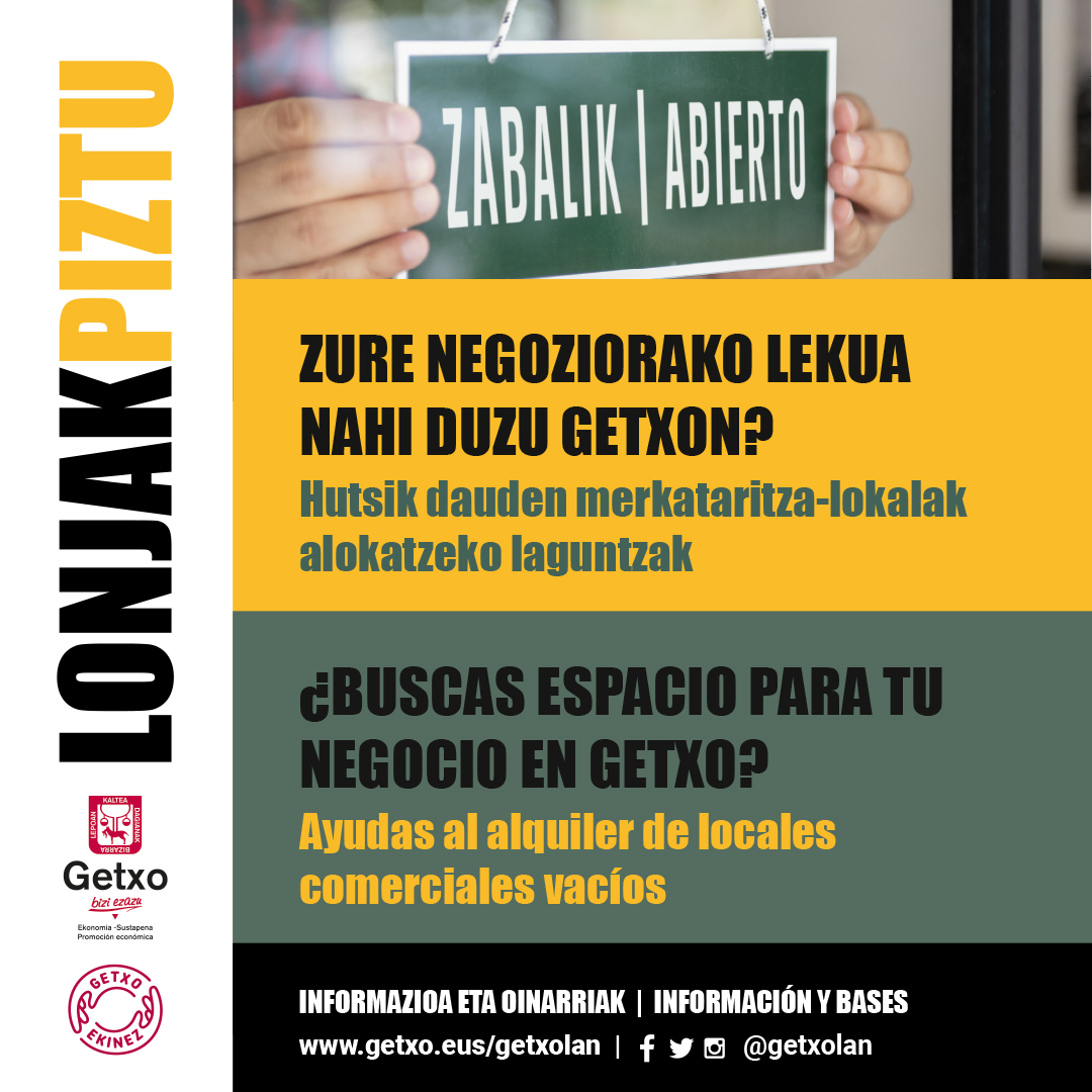 getxolan's tweet photo. 📢 #Getxo-ko mikroenpresa ala profesional autonomoa? #LonjakPiztu merkataritzako lokalak alokatzeko #laguntzak
✔️ 10/01etik aurrerako eta lokal horretan 10/31tik aurrera #EJZ alta
🗓️ 31/10ra arte
https://t.co/fyKtRMLOsK
#GetxoEkinez https://t.co/OD7wJVGeiV