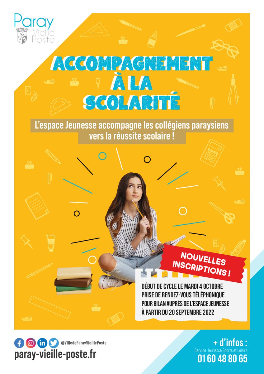 Pour tous les collégiens paraysiens en difficultés et adhérents à l'Espace jeunesse, le dispositif d'accompagnement à la scolarité permet de reprendre confiance en soi et d'éviter le décrochage scolaire.
Contactez l'Espace Jeunesse au 01 60 48 80 65 pour faire un bilan.