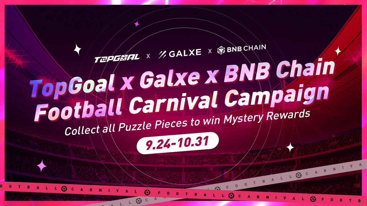 TopGoal_NFT's tweet image. Football Carnival Campaign held by @TopGoal_NFT @GalxeHQ @BNBCHAIN is about to start! Available on @GalxeHQ: bit.ly/3r3c9ac

🎮Collect Puzzle Pieces to Win Mystery Rewards🏆

🎁Reward: Unique OATs &amp;amp; TopGoal Mystery Gifts👕💰

⚽️How to participate: bit.ly/3DLpYBU