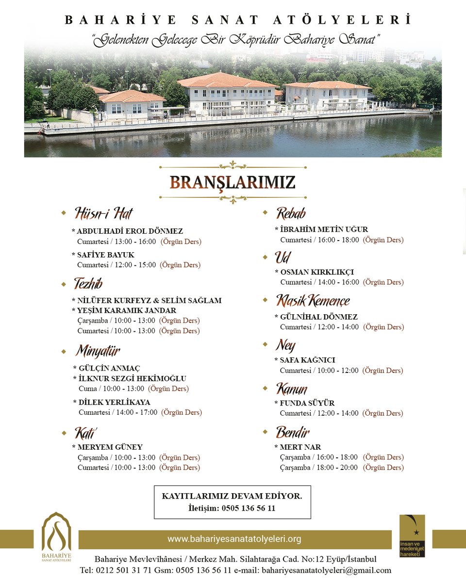 bahariyesnt's tweet photo. "İHM-Bahariye Sanat Atölyeleri" 2022-2023 Eğitim sezonu 1 Ekim'de başlıyor. Kayıtlarımız Devam Ediyor.🍃 İrtibat No:0505 136 56 11

#İMH #imhbahariyesanatatolyeleri #bahariyemevlevihanesi #eyüpsultan #hüsnihat #tezhib #minyatür #katı #ney #klasikkemence #ud #kanun #rebab #bendir https://t.co/8yuiXb7SYE