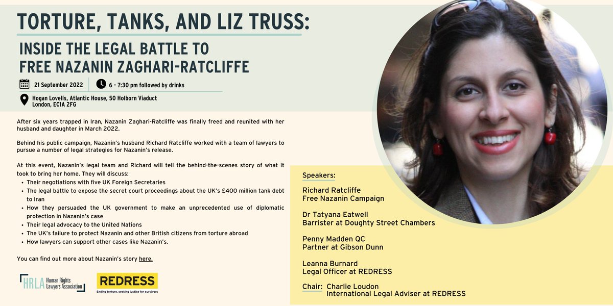 HumanRightsLawA's tweet photo. Thank you to all our speakers yesterday at our joint event with @REDRESSTrust  -  Richard Ratcliffe of 
@FreeNazanin, @TatyanaEatwell of @DoughtyStreet, Penny Madden KC of @gibsondunn, @LeannaBurnard
and  @CharlieLoudon 

An insightful, powerful and celebratory evening! https://t.co/r11W9SaB1p