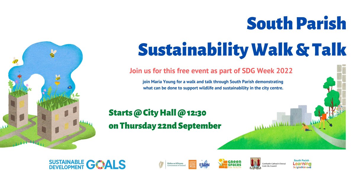 corklearning's tweet photo. As part of SDG week, there is a walk and talk through South Parish today, meeting at City Hall at 12:30 demonstrating what can be done to support wildlife and sustainability in the city centre.
#ESDW2022 #greenspacescork #corkloveslearning https://t.co/c04EZ3shmP