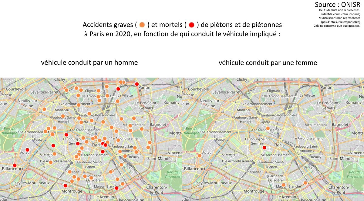 Cartes des accidents graves et mortels de piétons et de piétonnes à Paris en 2020, suivant que le véhicule impliqué est conduit par un homme ou par une femme (tous types de véhicules considérés). La différence est spectaculaire.