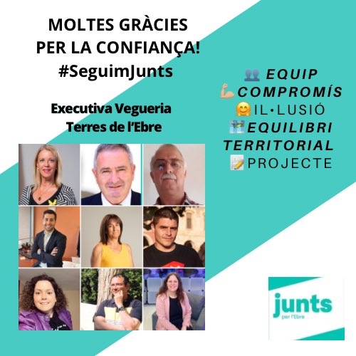 AnnabelMarcos's tweet photo. 👉🏼 Moltes gràcies per la confiança!

🥰 Agraïda de poder seguir treballant al capdavant de @JuntsxEbre juntament amb un equip format per hòmens i dones de les quatre comarques. 

✅ Junts, i a totes! 
#SeguimJunts https://t.co/IVn3SleByj