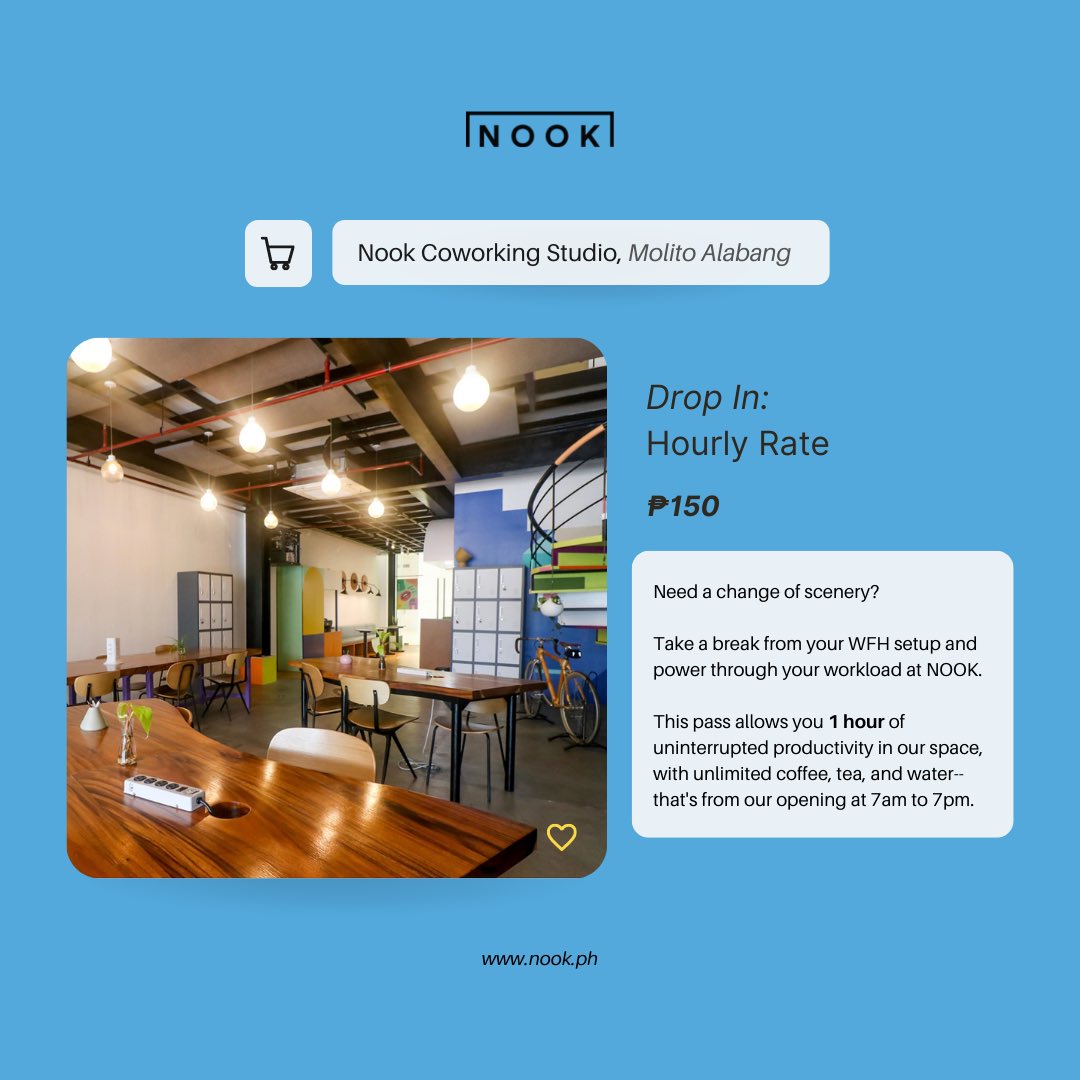 nookph_'s tweet photo. Do you need to get work done or looking for a change of scenery? NOOK is your friendly neighborhood coworking studio for work and play.

Here are our basic rates for CoWorking &amp; small meeting room😊

📍 NOOK Coworking Studio
Molito Lifestyle Center -- Building 8 Unit 12, Alabang https://t.co/pYvzDxFAZM