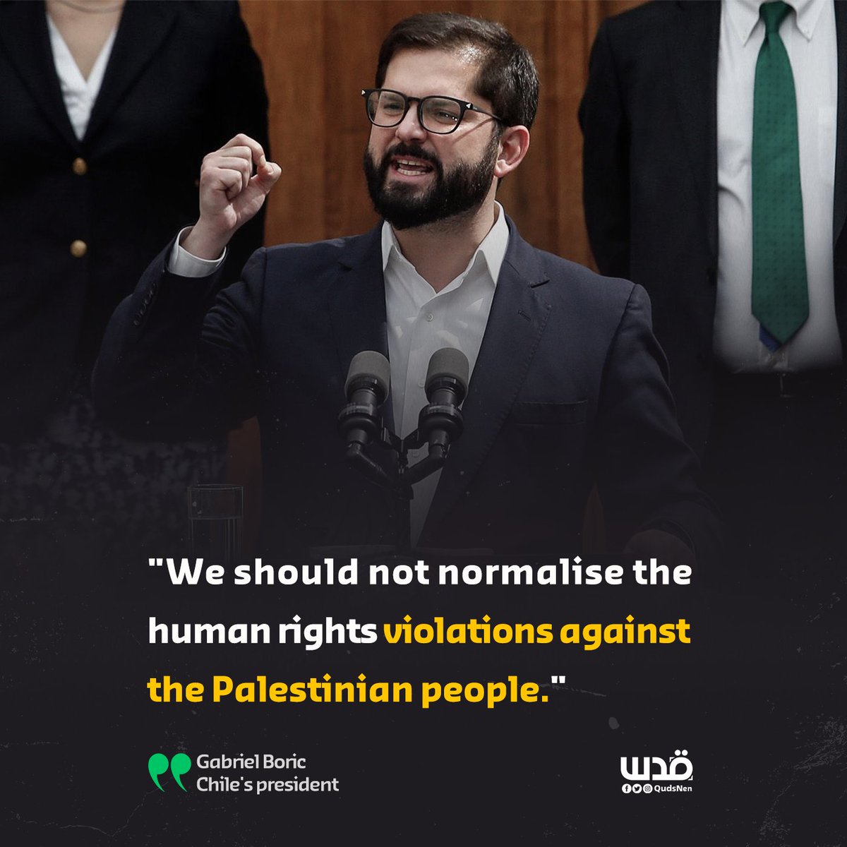 QudsNen's tweet photo. Chilean President Gabriel Boric has called on states not to normalize Israel’s ongoing human rights violations against Palestinians during his speech at the United Nations General Assembly in New York on Tuesday. https://t.co/BmAaQ6IRaQ