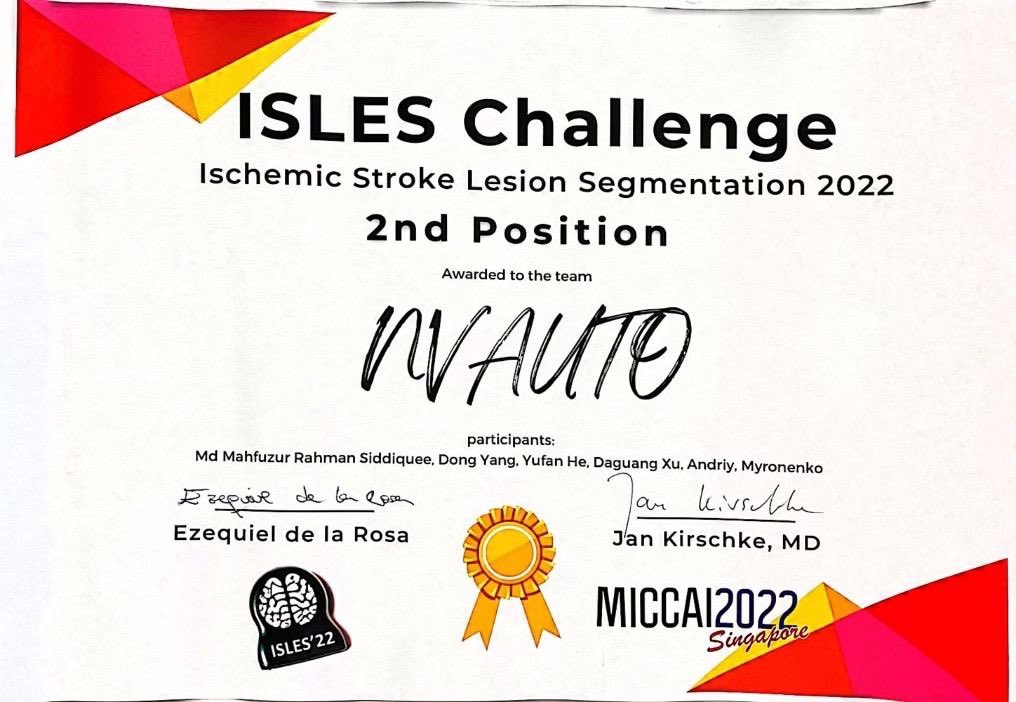 mahfuzbd's tweet photo. As the @MICCAI_Society concludes, the final results from all the challenges I participated in during my summer 2022 internship at @nvidia are out. Alhamdulillah, we have got some exciting results. Our submission (team: #NVAUTO) got:

1/n https://t.co/d1ORAIJyce