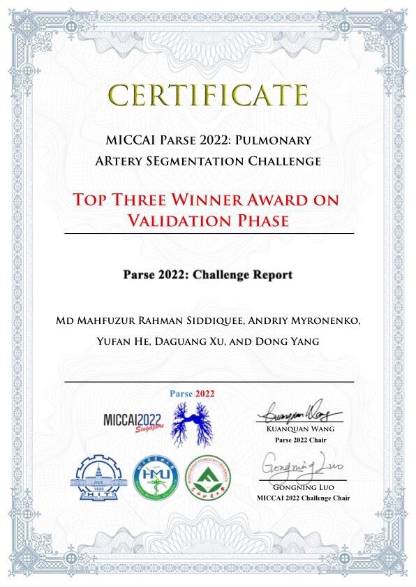 mahfuzbd's tweet photo. - 3rd position (validation stage) and best HD5 score (testing stage)
 in #PARSE22 (https://t.co/RZKd21Gome)

We have implemented our solutions in #MONAI with #Auto3DSeg.

3/n https://t.co/wnEdPCR1Uo