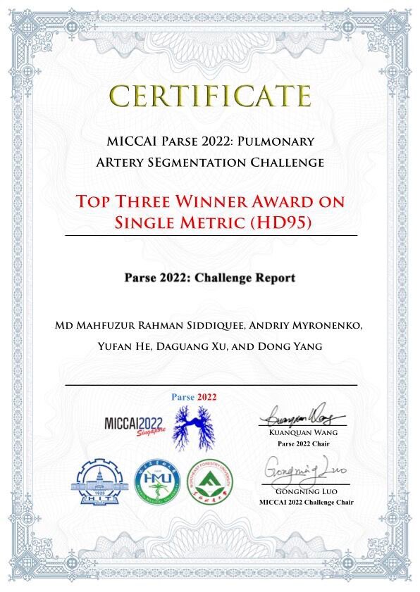mahfuzbd's tweet photo. - 3rd position (validation stage) and best HD5 score (testing stage)
 in #PARSE22 (https://t.co/RZKd21Gome)

We have implemented our solutions in #MONAI with #Auto3DSeg.

3/n https://t.co/wnEdPCR1Uo