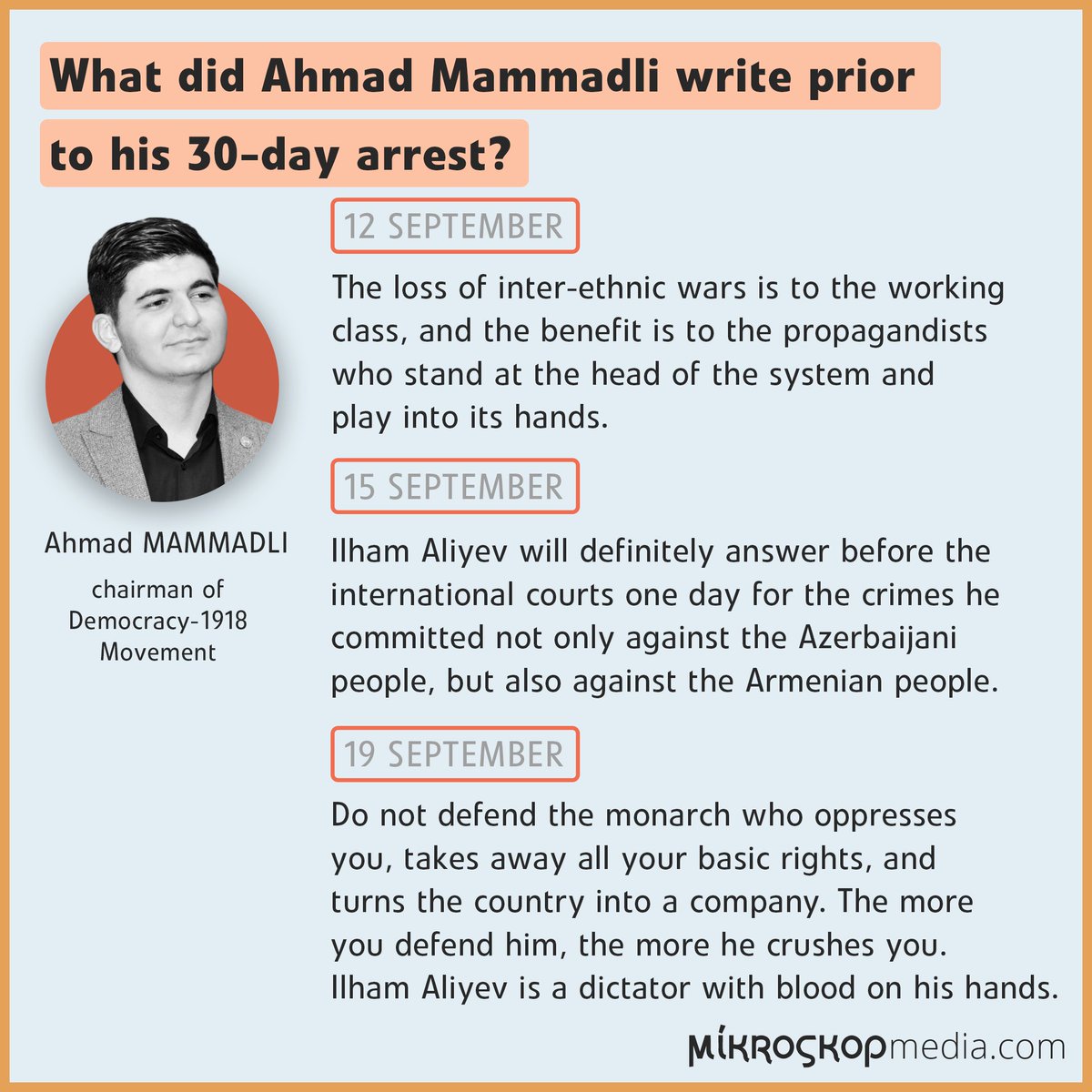 MikroskopEng's tweet photo. ⚡@ahmad_mammadli is the first figure in 🇦🇿 arrested for anti-war statements. He has started hunger strike in prison. https://t.co/C5R9SDomjF