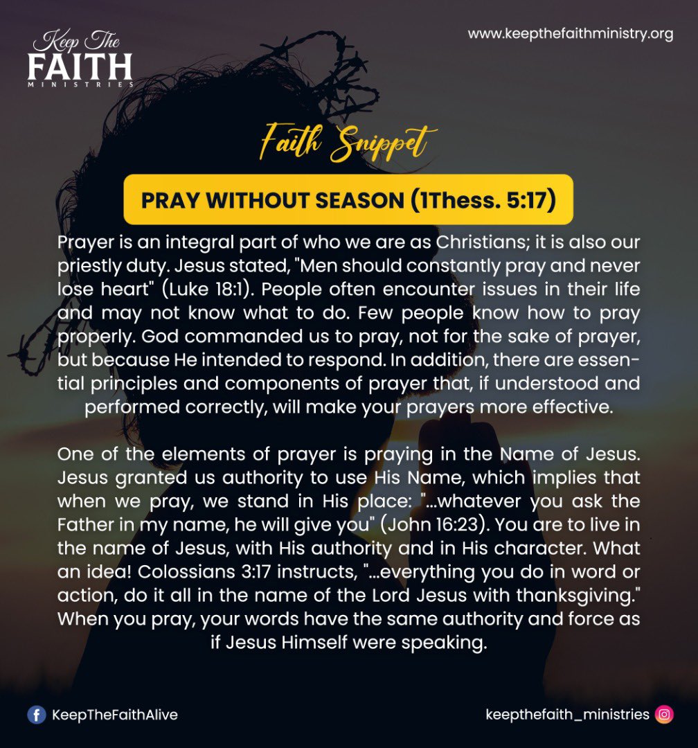 KTF_Ministries's tweet photo. Faith snippet on keepTheFaith #faithsnippet PRAY WITHOUT
SEASON (1Thessalonians 5:17)
#ktfministries #keepthefaith #keepthefaithministries https://t.co/p9vjiB0Jkz