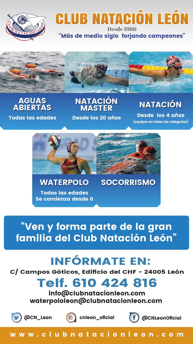 CN_Leon's tweet photo. ¡Comenzamos la temporada!
Ven y conócenos. 
Contacta en el 610424816
 #leonesp #igerleon #igerleonesp #natacion #natación #natacionmaster #natacionniños #natacionaguasabiertas #natacionleon #natacionleonesa #deporteleonesp #deporte #deporteesvida #deporteysalud #clubdenatación https://t.co/ZimTgWbM3F