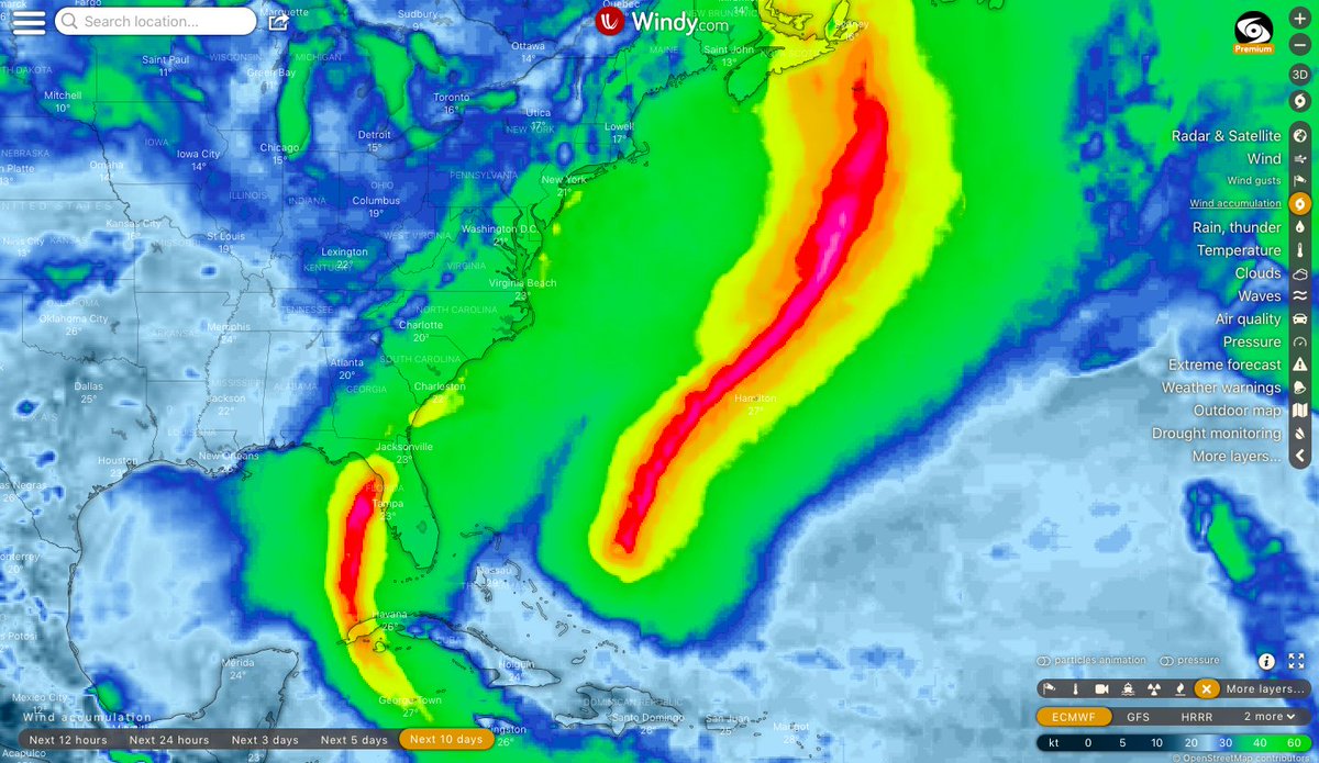 CycloneTrackOZ's tweet photo. Well the ECMWF just wants to see the world burn lol. Two swathes of #category5 gusts in the #atlantic as the #hurricaneseason rolls through its peak. The right swathe is from #hurricanefiona and the left swathe is from what will become on #98L. https://t.co/Zppcm5rNTj